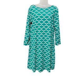 Melly M Green White Geometric Shift Dress 3/4 Sleeve Stretch Knee Length